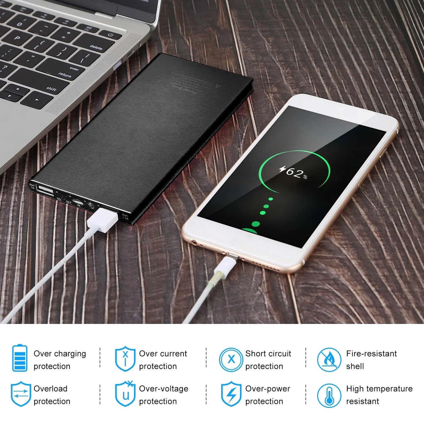 20000mAh Portable Power Bank for Heated Vests and Blankets, Dual USB Ports, 5V 2.1A, Black