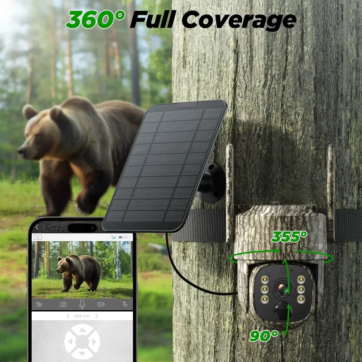 Cellular Trail Camera Solar 2.5K Hunting Deer Game Camera with Night Vision Motion Activated Waterproof IP66 Auto-Tracking 360 Degree 4G Live Feed for Farm Security Cameras No Wifi Needed