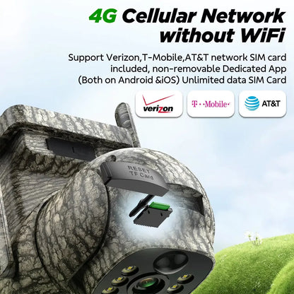 Cellular Trail Camera Solar 2.5K Hunting Deer Game Camera with Night Vision Motion Activated Waterproof IP66 Auto-Tracking 360 Degree 4G Live Feed for Farm Security Cameras No Wifi Needed