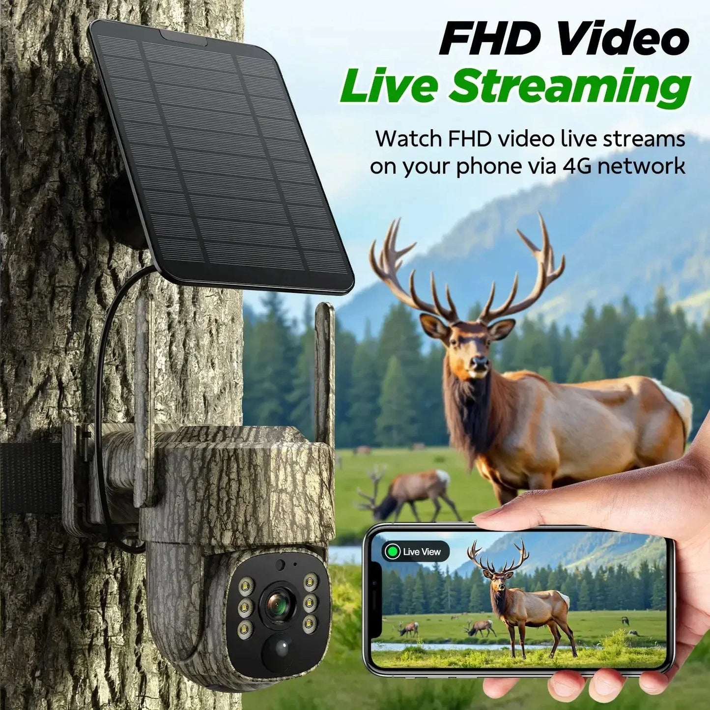Cellular Trail Camera Solar 2.5K Hunting Deer Game Camera with Night Vision Motion Activated Waterproof IP66 Auto-Tracking 360 Degree 4G Live Feed for Farm Security Cameras No Wifi Needed