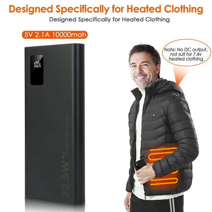 20000mAh Portable Power Bank for Heated Vests and Blankets, Dual USB Ports, 5V 2.1A, Black