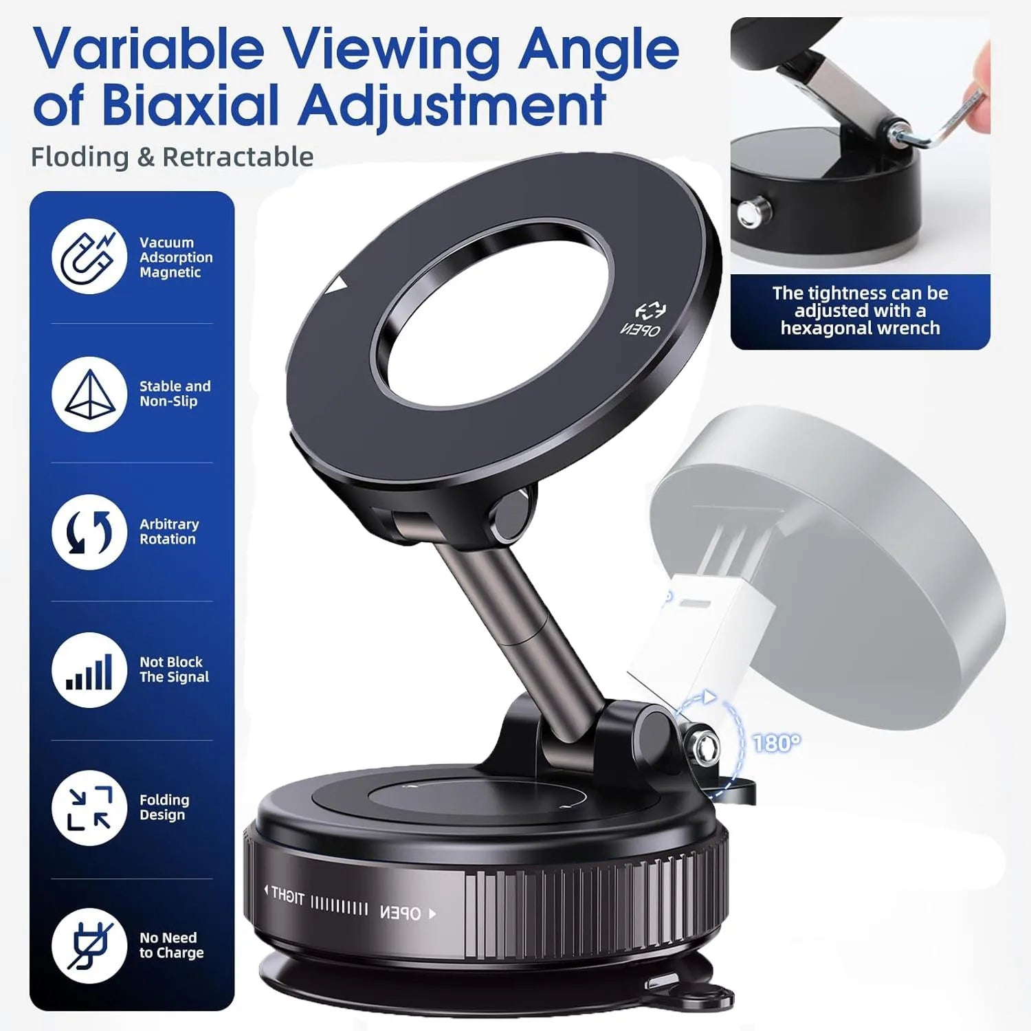 360° Adjustable Rotating Folding Magnetic Phone Holder Vacuum Suction Mag Stand for Car Navigation Gym Kitchen - Universal GPS Streaming Bracket