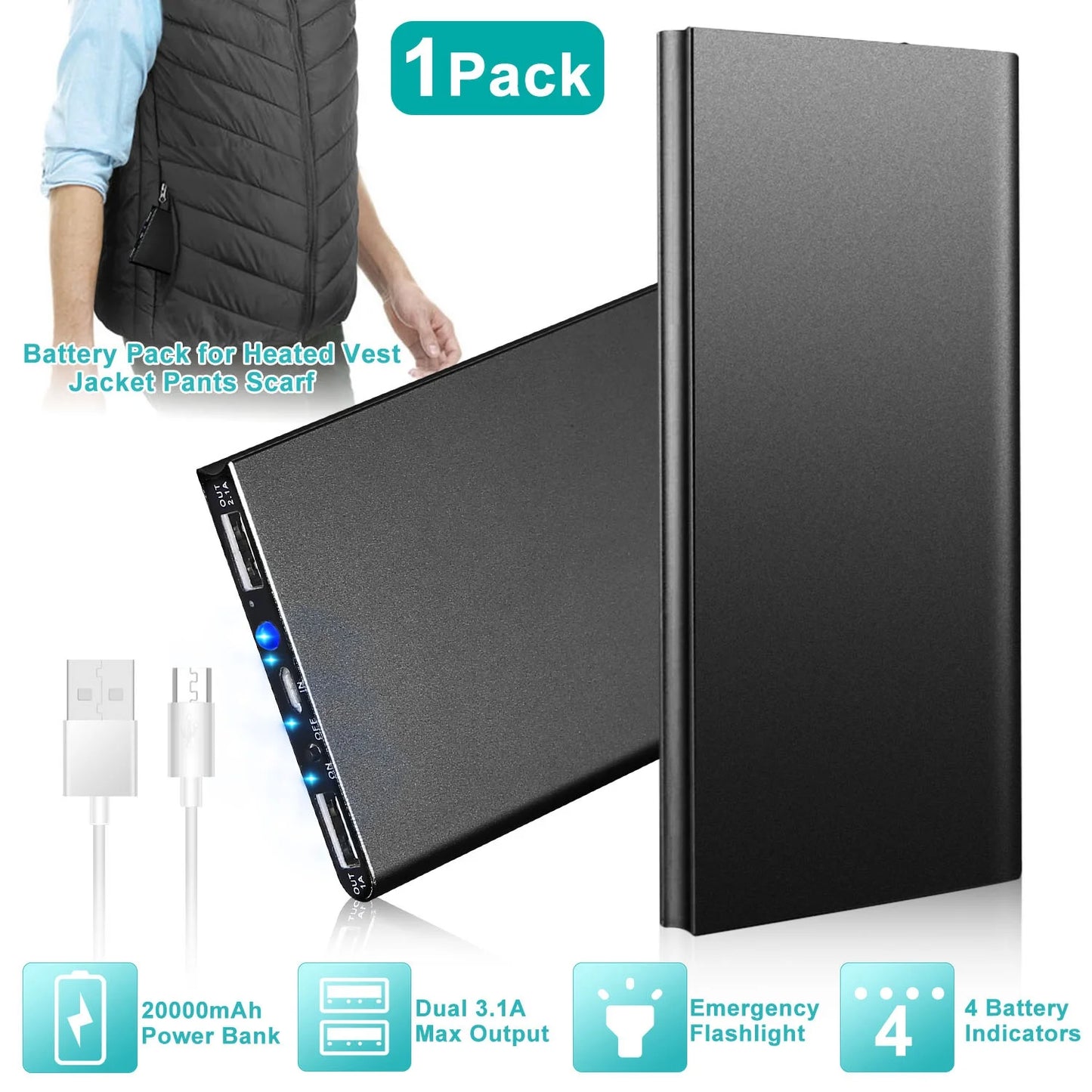 20000mAh Portable Power Bank for Heated Vests and Blankets, Dual USB Ports, 5V 2.1A, Black